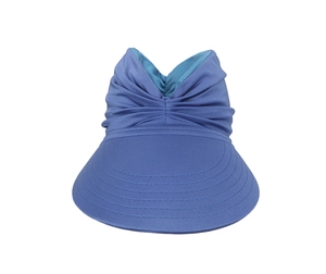 Close-up of navy blue sun hat with detailed bow pleat and breathable open top design