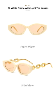 Detail of cream frame cat eye sunglasses with bold gold metal chain temples