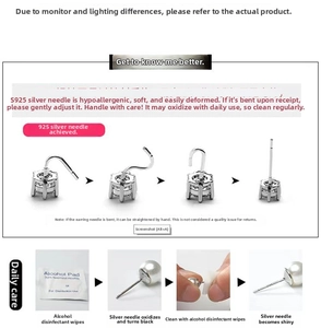Detail showing S925 sterling silver needle care and cleaning steps for heart earrings