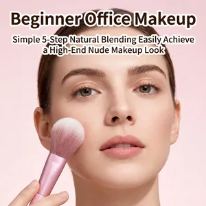 Professional pink makeup brush set with fluffy bristles shown in use on a model's face