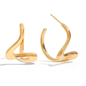 Boucles D'oreilles Créoles Vagues Torsadées Acier Inoxydable Plaqué Or 18 Carats Sculpturales Minimalistes Femmes