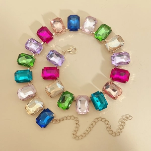 Colorful rectangular crystal gemstone collar necklace with gold plated chain and lobster clasp