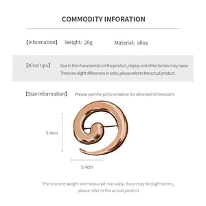 Detailed size chart showing the 5.4cm alloy spiral brooch dimensions and 20g weight spec
