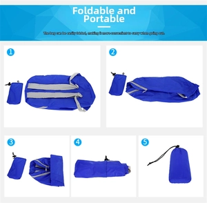 Five-step folding guide for a royal blue nylon lightweight outdoor travel backpack