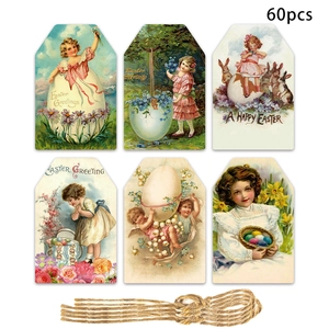 Detail view of 60 vintage Easter gift tags with retro rabbit illustrations and twine