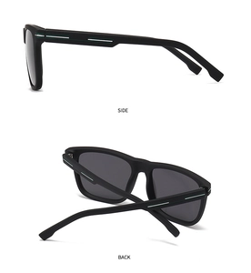 Detailed side and back views of matte black square TR sunglasses with striped temples