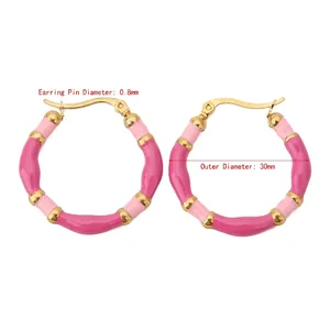 Bohemian 30mm pink enamel bamboo hoop earrings with 0.8mm gold plated needles