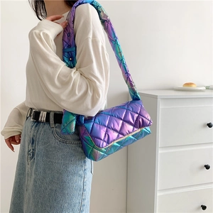 Iridescent quilted square crossbody bag for women with a metallic gradient finish