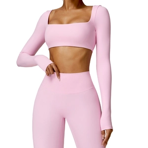 Pink long sleeve yoga crop top and high waist leggings fitness set for outdoor running