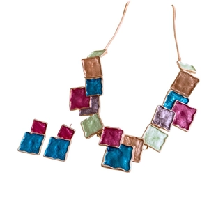 Vintage style square enamel jewelry set featuring multi-color pendant necklace and earrings