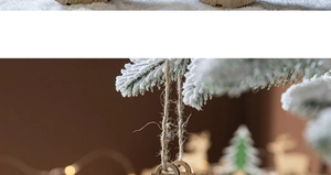 Close-up of wooden Christmas LED pendant hanging on snow-covered pine branches