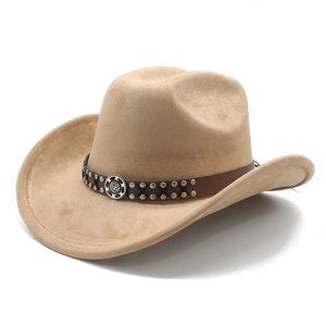 Detail of khaki suede cowboy hat with studded brown leather band and vintage buckle