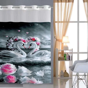 Detail of waterproof double-layer shower curtain with swan heart and floral print