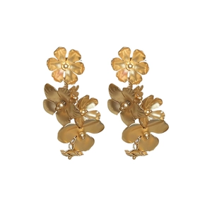 Three-tier gold flower tassel earrings with matte finish on a clean white background