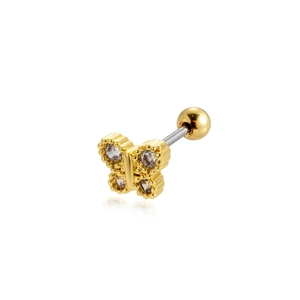 Macro detail of a golden butterfly stud earring with clear zircon and barbell screw back
