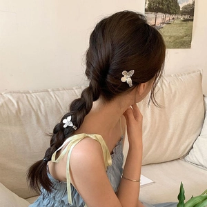 Detail of silver and pearl white butterfly hair clips styled on a model's braided hair