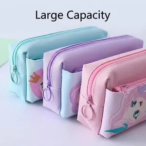 Three-layer mermaid pencil case in pastel green, purple, and pink with cartoon patterns