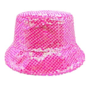 Detail of bright pink bucket hat with shimmering circular sequins for a party fashion look