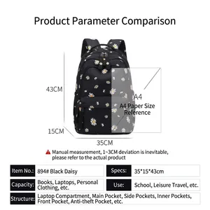Large capacity black backpack with daisy floral print for school and travel 35x15x43cm