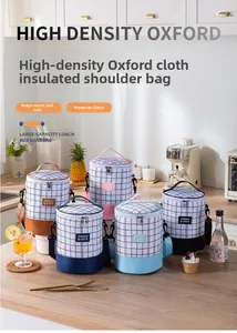 Close-up of cylinder thermal lunch bags in five colors with durable oxford cloth and straps