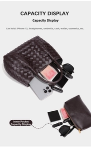 Top view of dark brown woven tote showing spacious capacity with a matching zipper pouch