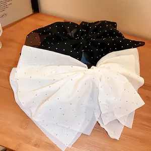 French style tulle bow hair clip with pearls and tassels in black and white colors