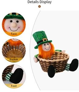 Detail display of St. Patrick's Day candy basket with leprechaun doll and woven texture