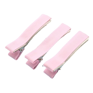 Three pink fabric wrapped ribbon hair clips in a minimalist metal duckbill design