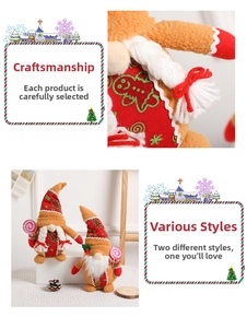 Detail of Christmas gnomes with gingerbread patterns holding pink and white lollipops
