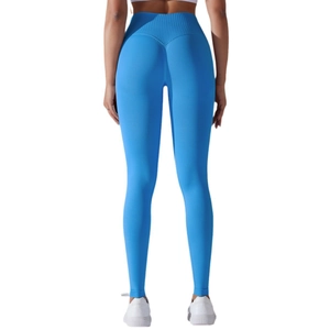 Royal blue high-waisted seamless yoga leggings with V-shaped seam for butt lifting