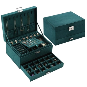 Green velvet jewelry box with multiple layers for rings, earrings and necklaces
