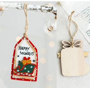 Detailed back and front views of wooden Christmas tree ornaments with festive patterns