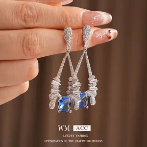 Vintage style teardrop and square zircon drop earrings with elegant silver finish