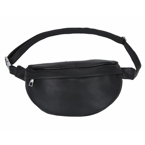Minimalist black leather fanny pack with adjustable strap and silver zipper on white backdrop