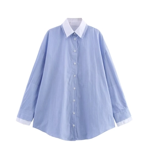 Relaxed blue and white striped poplin shirt with contrast white collar and cuffs
