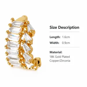 Detail view of 18K gold plated cuff earring with zircon stones, size 1.6cm by 0.9cm