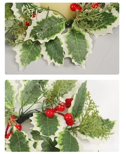 Detailed close-up of artificial Christmas candle ring with red berries and holly leaves