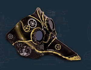 Steampunk plague doctor mask with gold gears and leather texture on technical blueprint