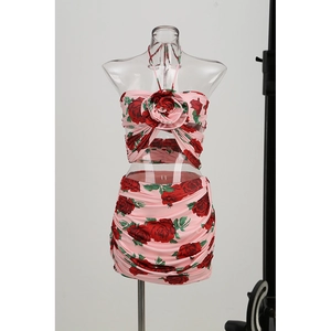 Haut Licou Bandeau Et Mini Jupe Froncée Avec Imprimé Rose Floral Polyester Spandex Sexy Moulant Clubwear Élégant Rose Rouge