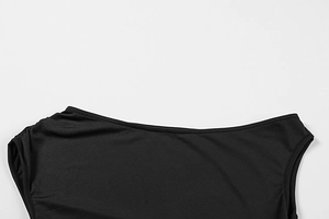Close-up of the elegant one-shoulder neckline stitching on this black fitted dress