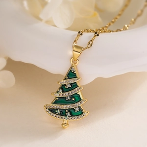 Gold 18K plated Christmas tree pendant necklace with green enamel and white zircon stones