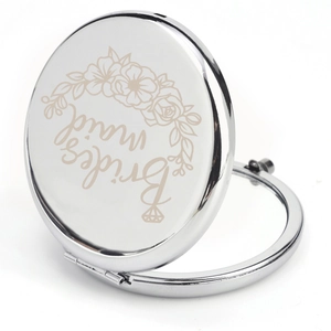 Silver metal folding makeup mirror for bridesmaids with elegant floral pattern