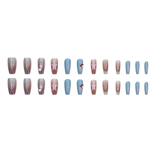 Long coffin fake nails with pink and blue gradient, silver glitter, and 3D heart charms