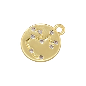 Detailed view of a gold-plated circular pendant with zircon constellation inlay design