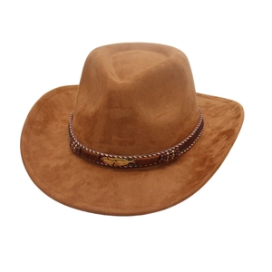 Close-up detail of the hat's faux suede texture and ethnic feather band accessory