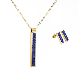Parure en acier inoxydable doré 18 carats avec pendentifs rectangulaires et pavé bleu