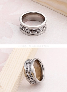 Detail of silver titanium steel ring featuring double row of pavé-set zircons on band