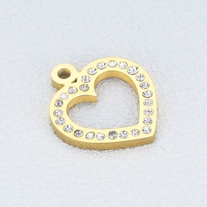 Gold hollow heart pendant with sparkling crystals and metal loop for DIY jewelry