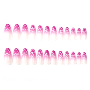 24pcs almond press-on nails with pink white gradient and heart patterns for Valentine's Day