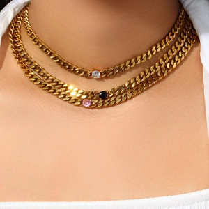 6.5mm gold plated stainless steel Cuban chain necklace with colorful zircon stones